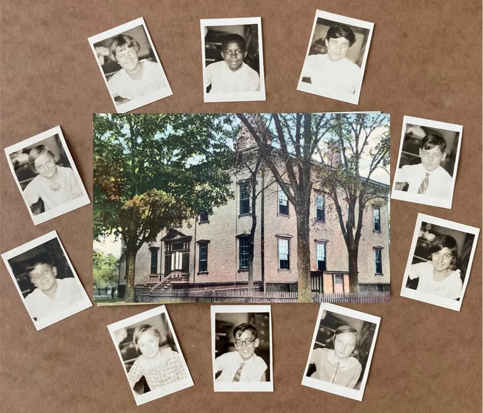 Broad Street School 1928 — class portraits arranged around the school building
